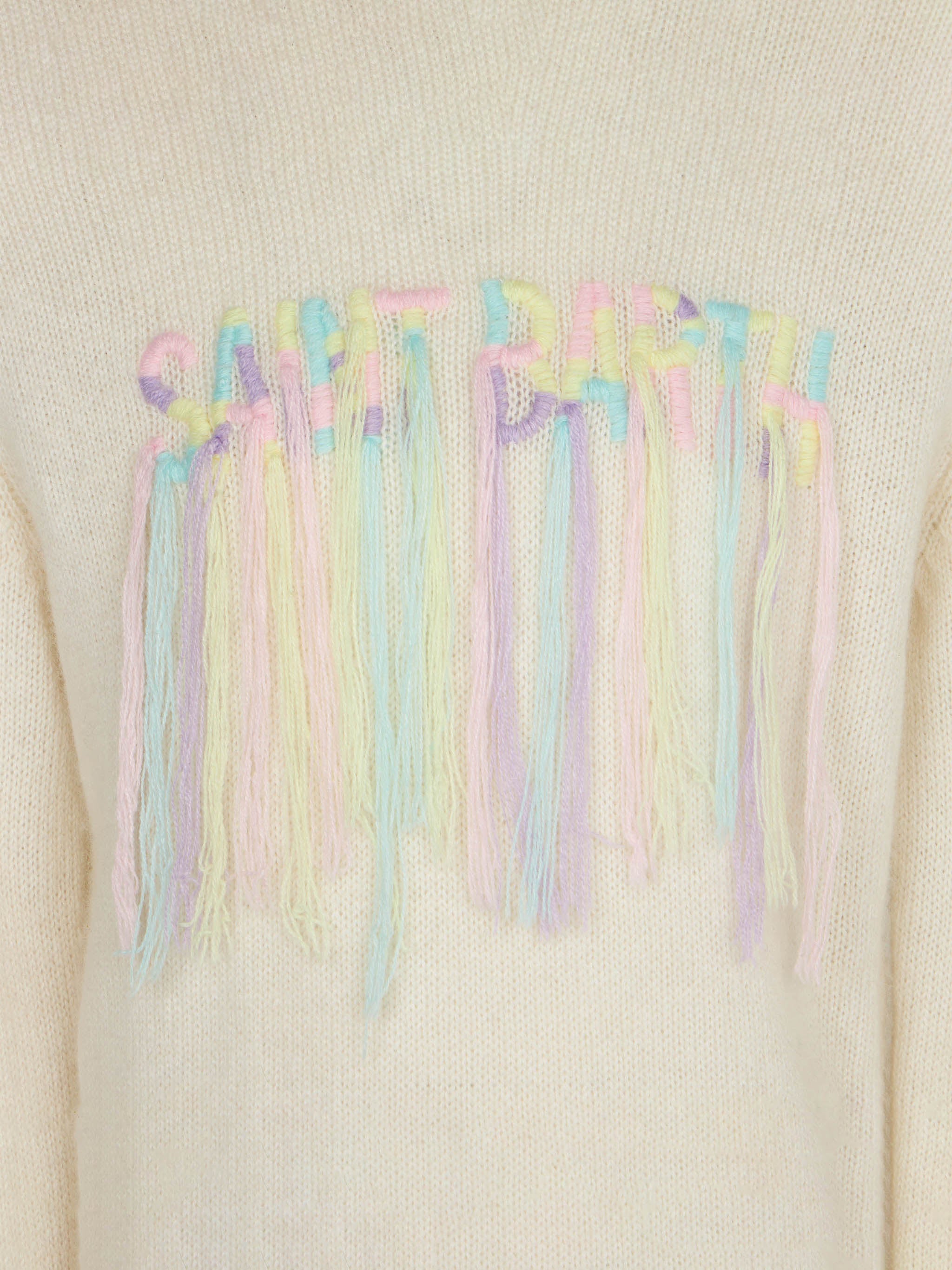 Brushed Creweneck With Fringed Embroidery White Knitwear