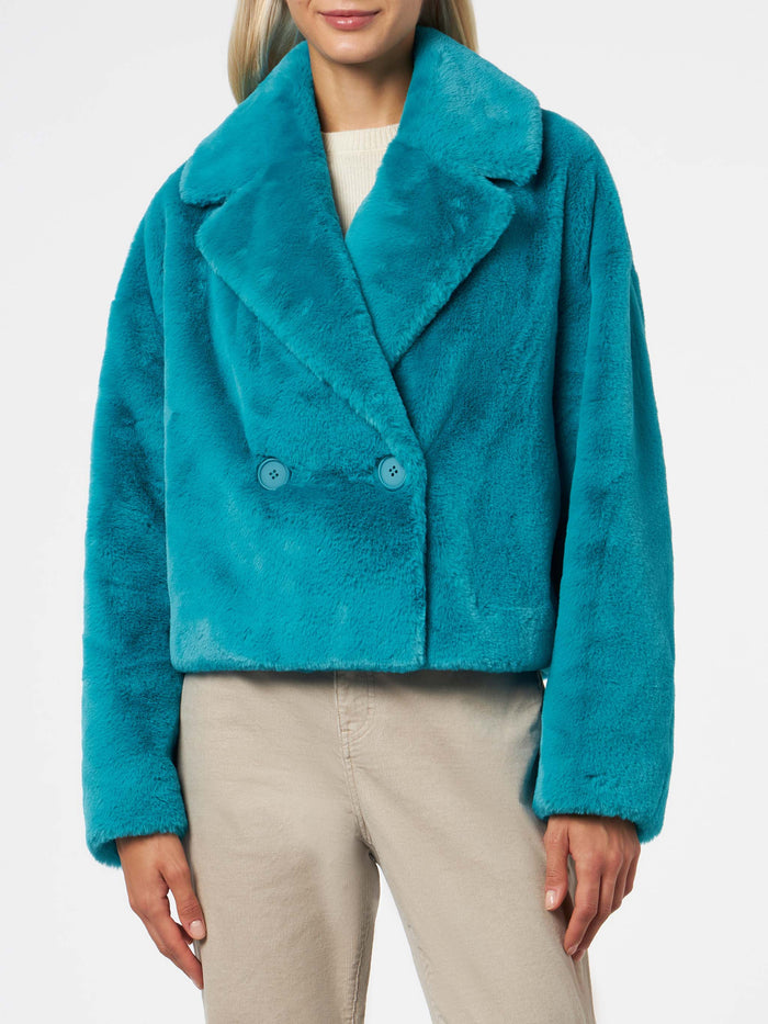 Teal Furry Emelyn Short Jacket Blue