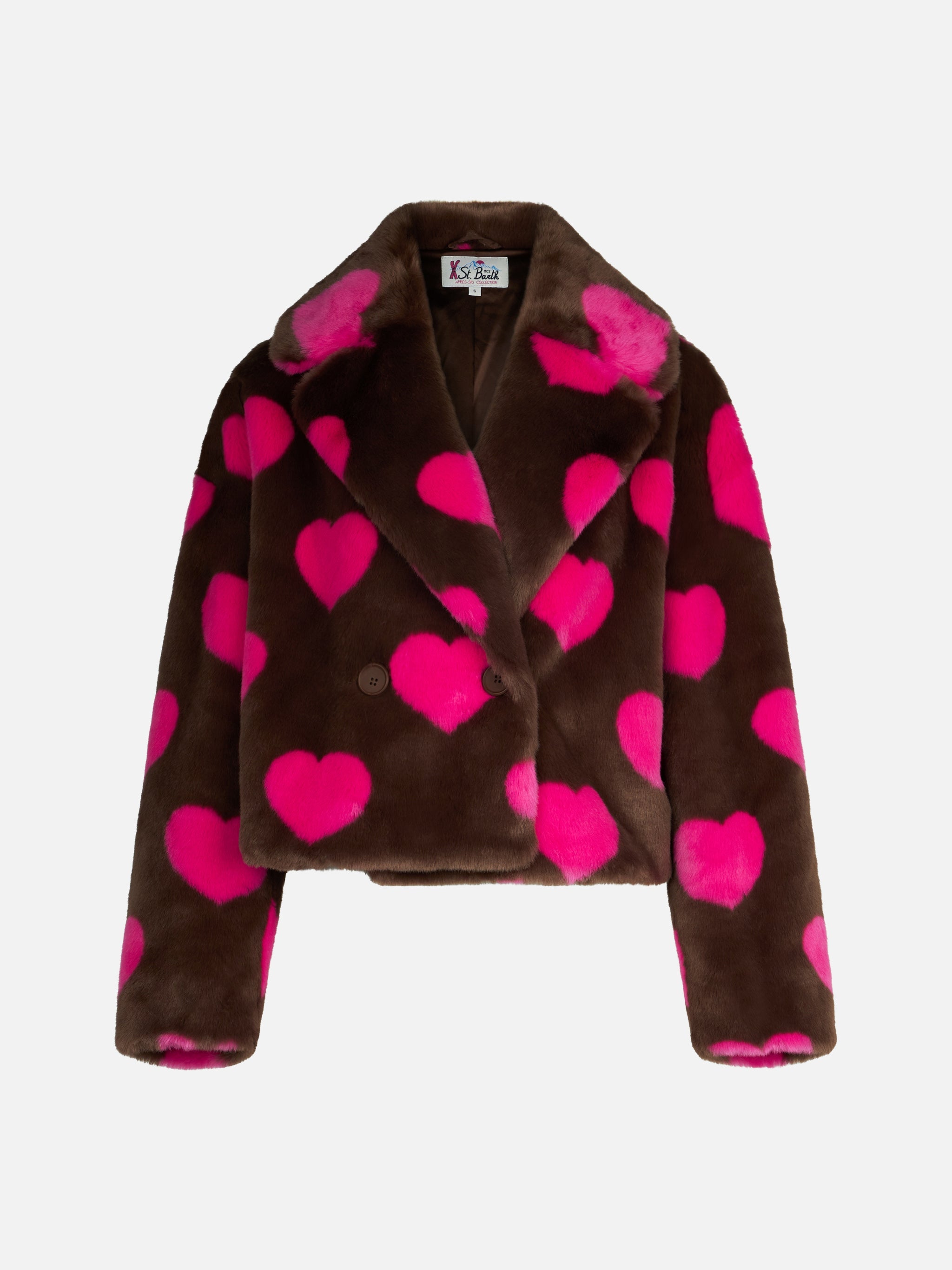 Emelyn Short Faux Fur Jacket With Heart Print Brown