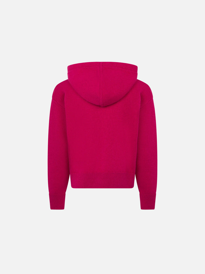 Girl Fuchsia Cropped Hooded Sweater With Rhinestones Pink