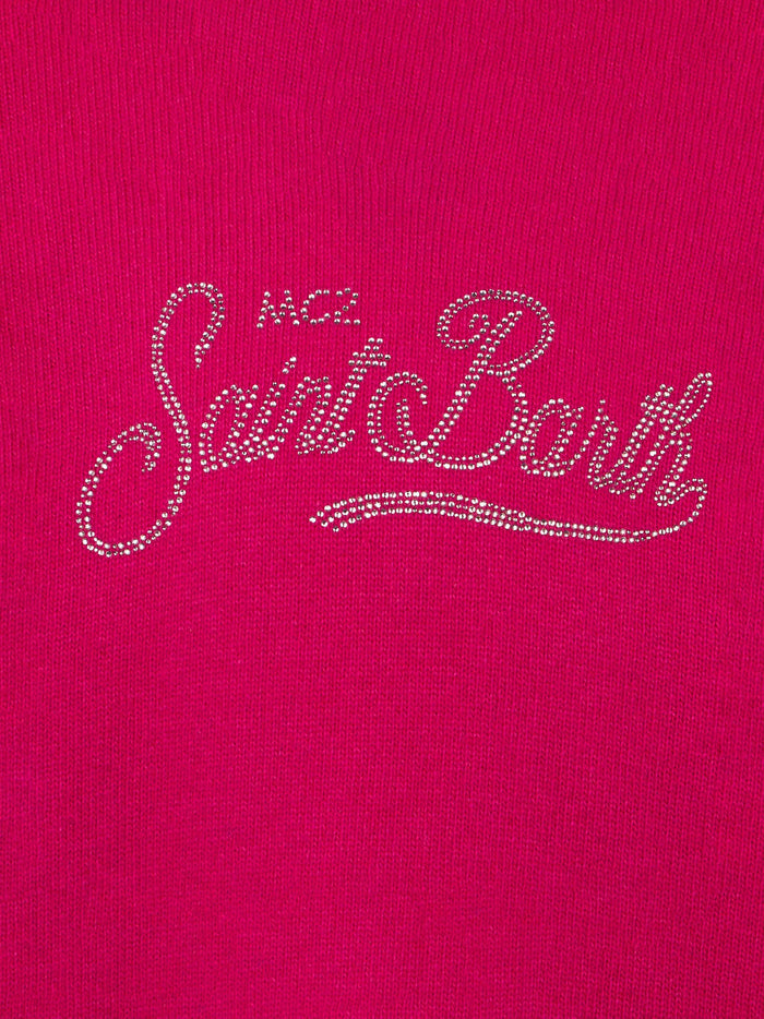 Girl Fuchsia Cropped Hooded Sweater With Rhinestones Pink