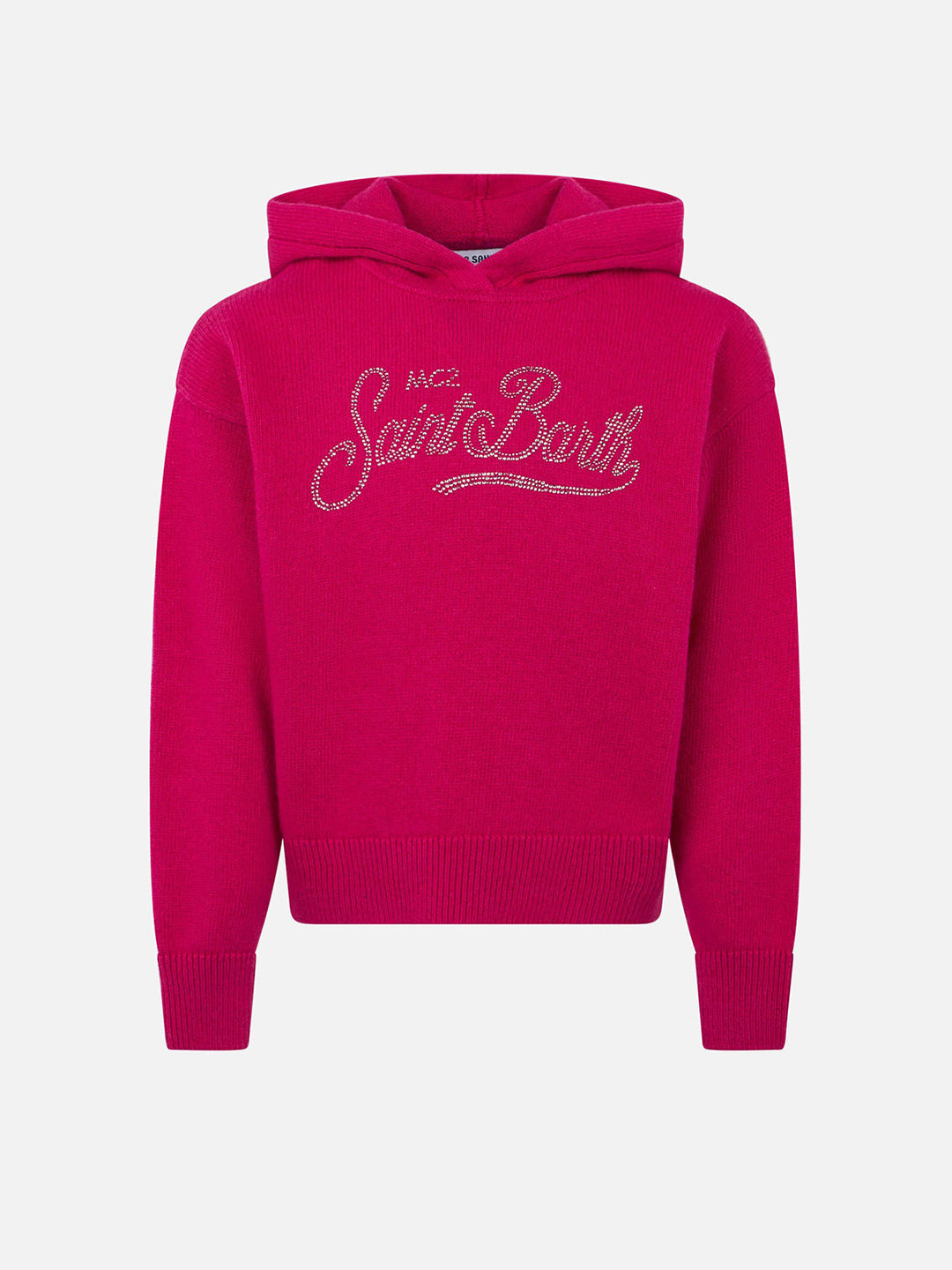 Girl Fuchsia Cropped Hooded Sweater With Rhinestones Pink
