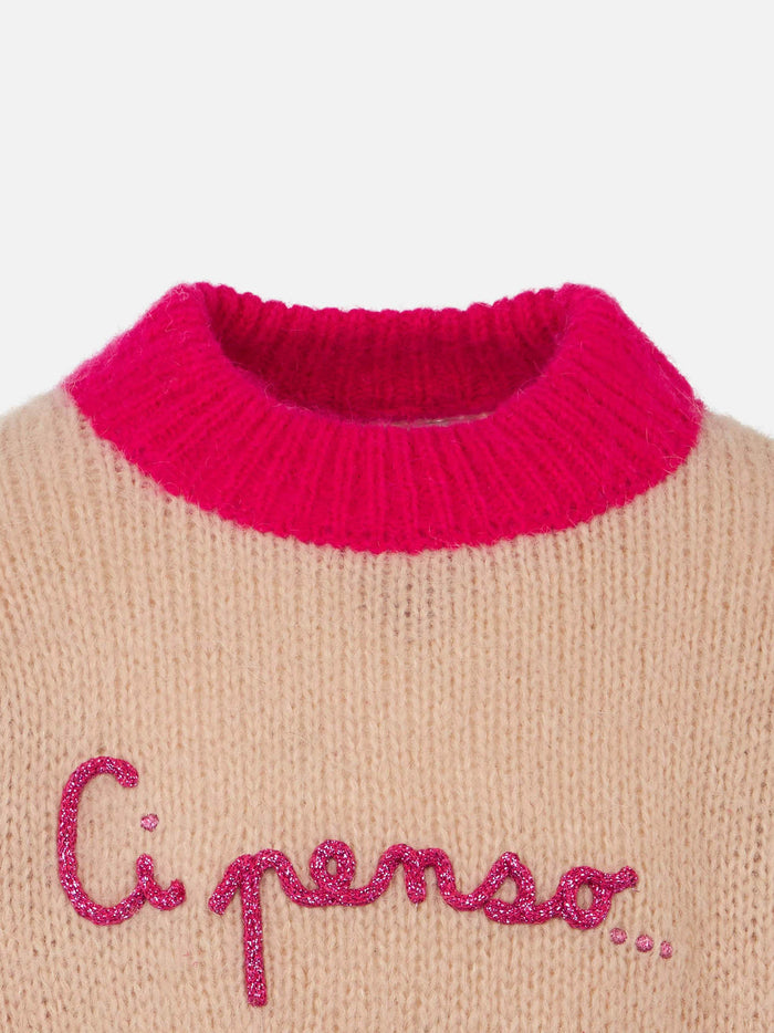 Girl Boxy Shape Soft Sweater With Ci Penso Embroidery Brown