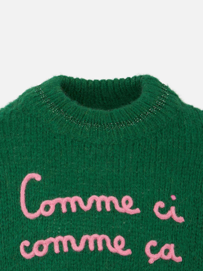Girl Boxy Shape Soft Sweater With Comme Ci Ça Embroidery Green