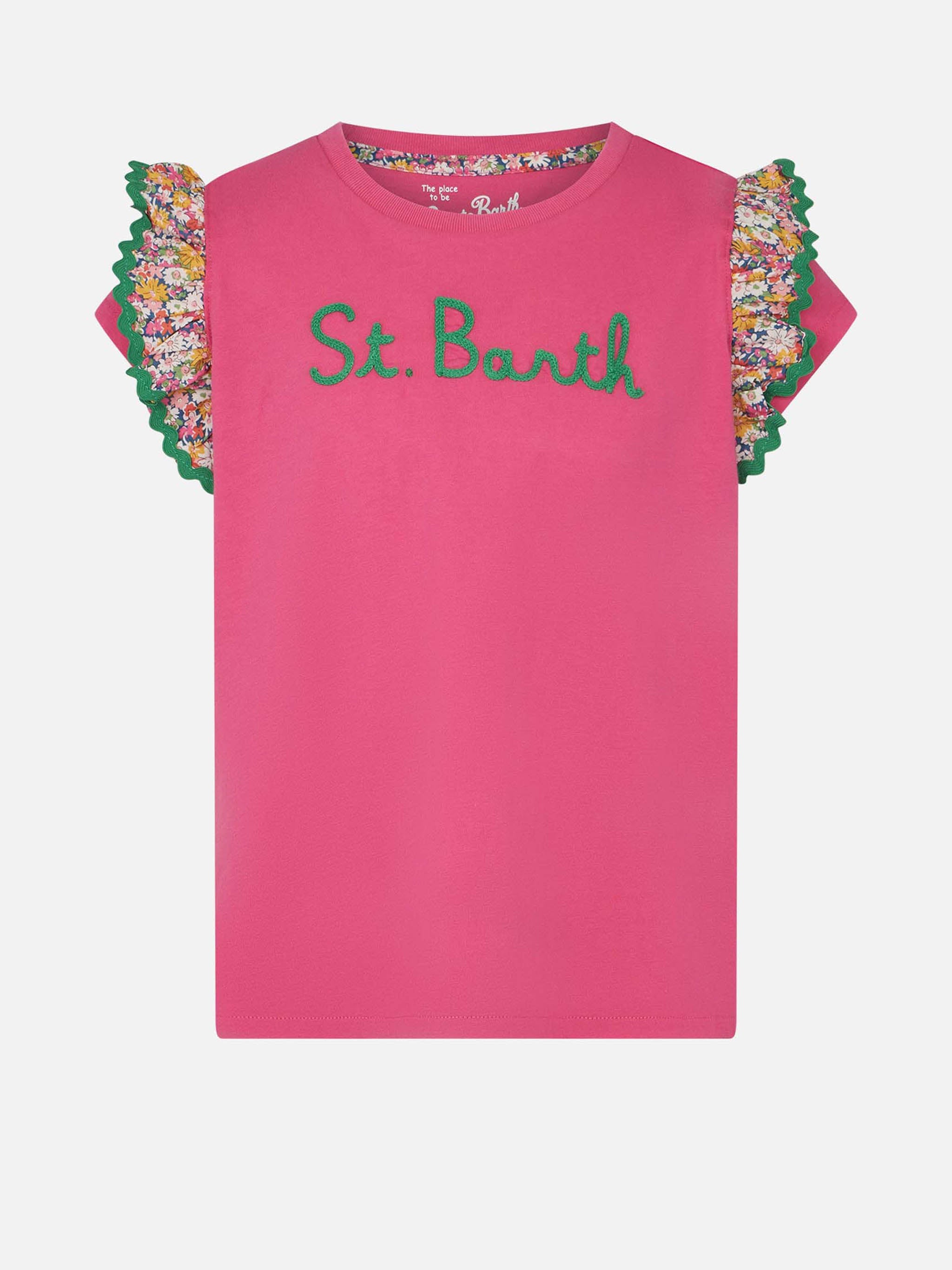 Girl Cotton T-Shirt With Flounce And Embroidery Pink