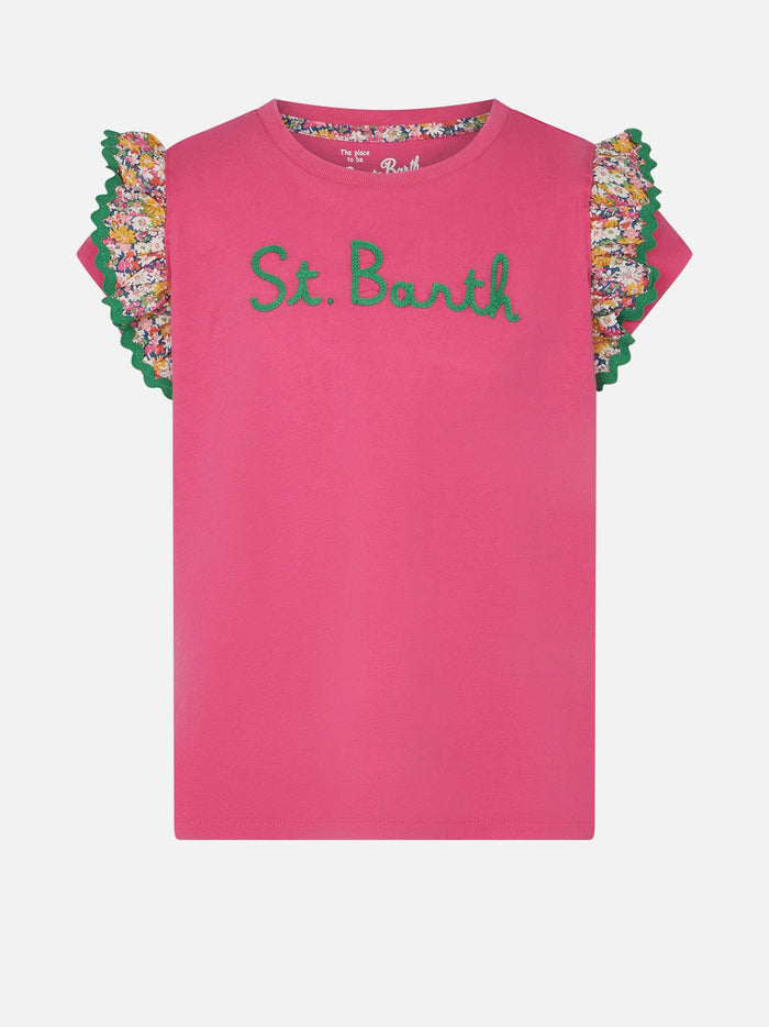 Girl Cotton T-Shirt With Flounce And Embroidery Pink