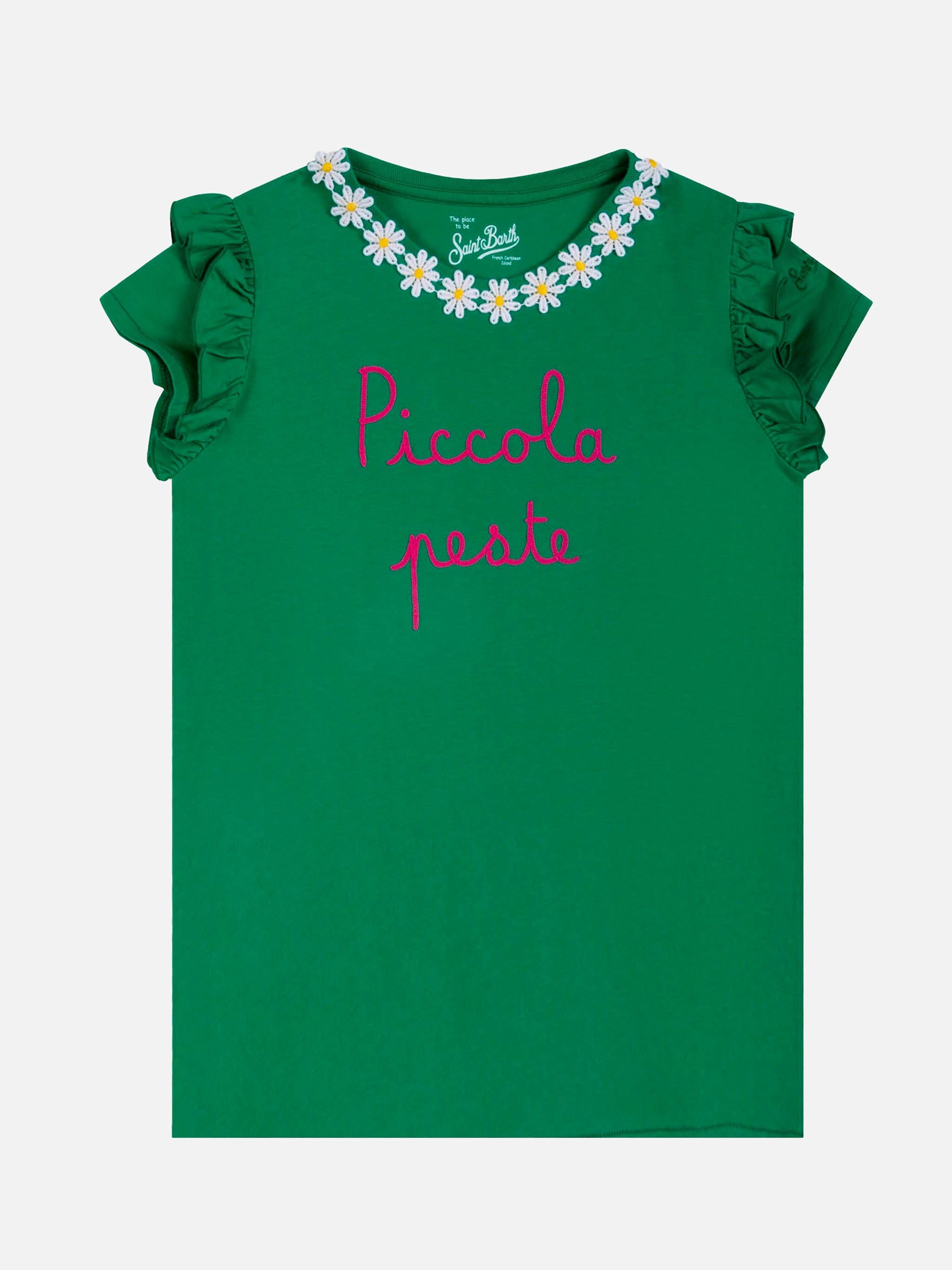 Girl Cotton T-Shirt With Flounce And Embroidery Green
