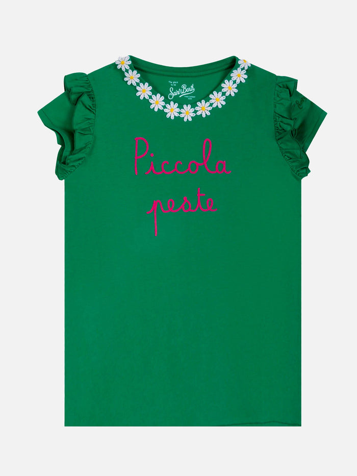 Girl Cotton T-Shirt With Flounce And Embroidery Green