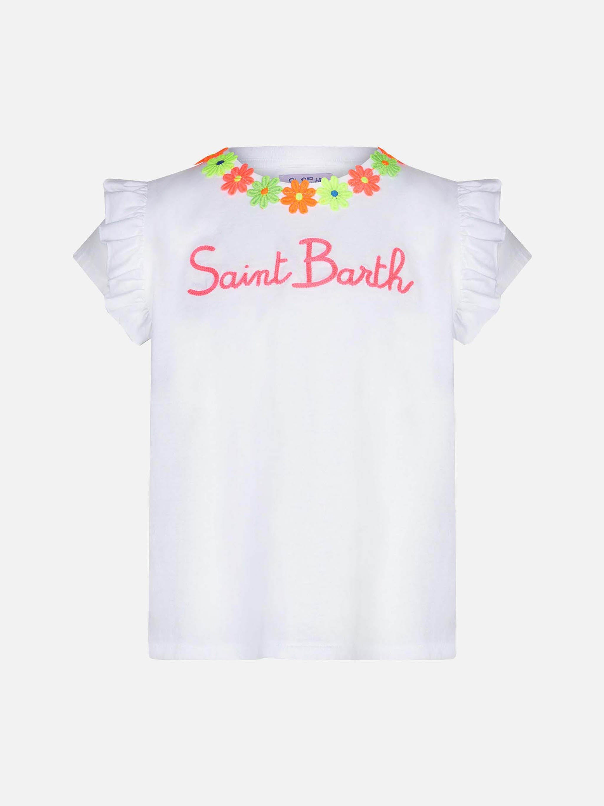 Girl Cotton T-Shirt With Flounce And Embroidery White