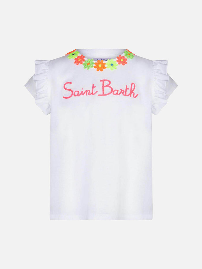 Girl Cotton T-Shirt With Flounce And Embroidery White