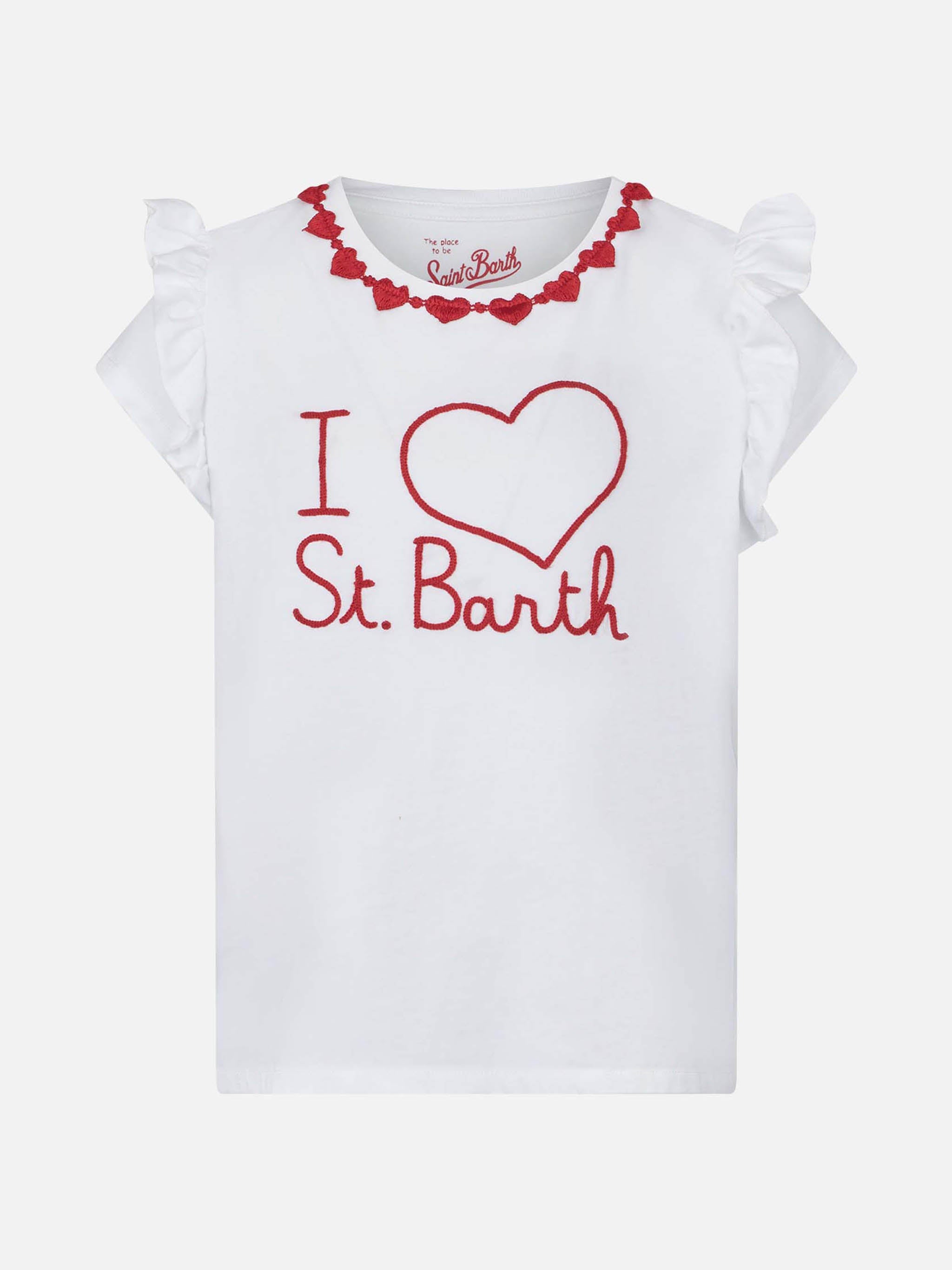 Girl Cotton T-Shirt With Flounce And Embroidery White