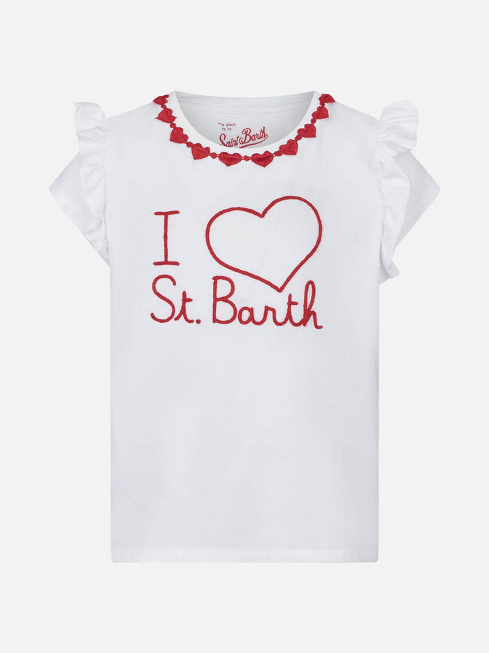 Girl Cotton T-Shirt With Flounce And Embroidery White