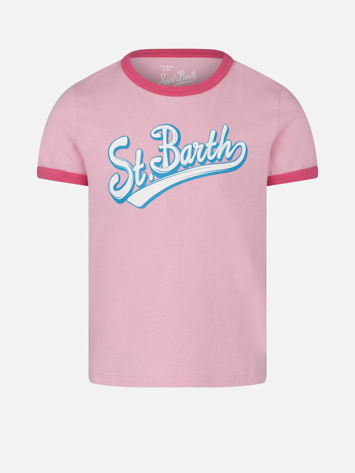 Girl Cotton T-Shirt With St. Barth Print Pink
