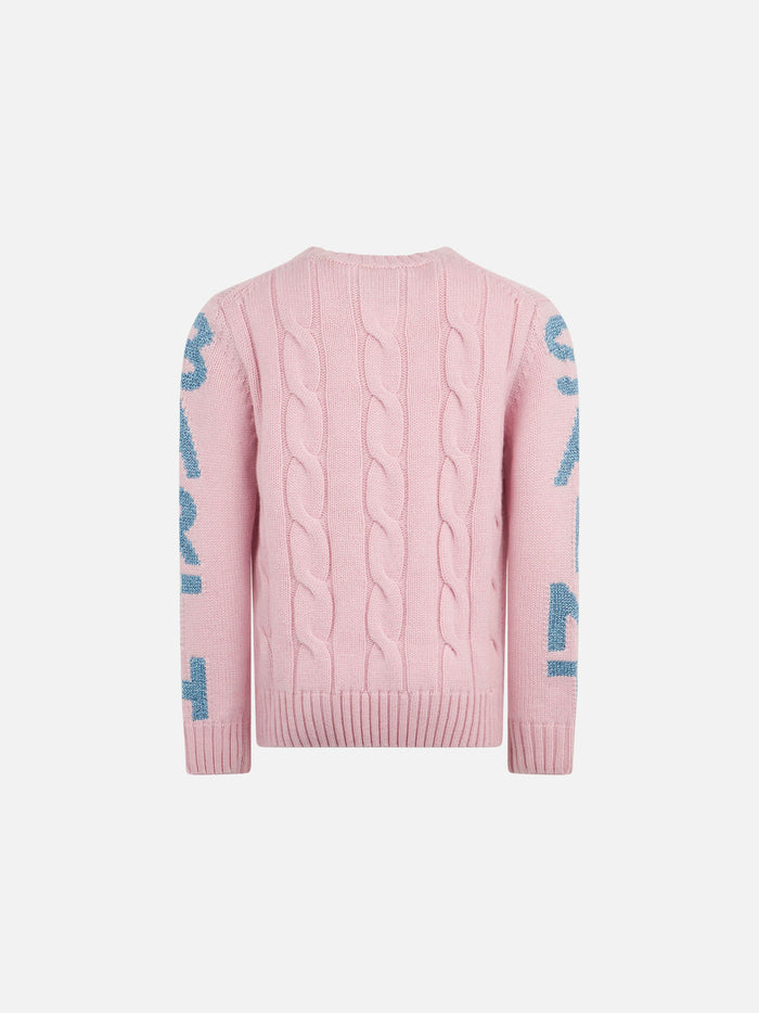 Girl Crewneck Braided Sweater With Saint Barth Lurex Print Pink