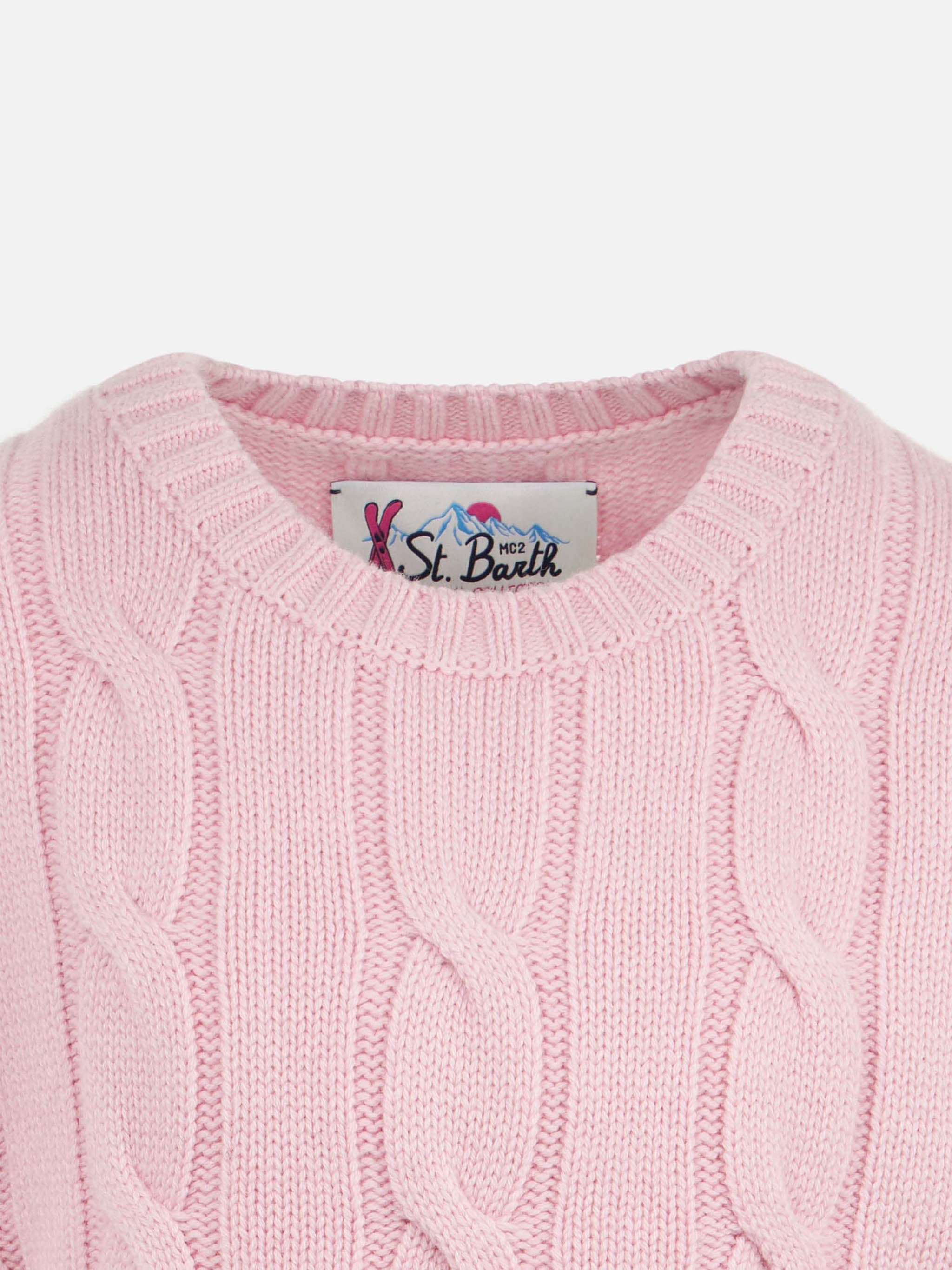 Girl Crewneck Braided Sweater With Saint Barth Lurex Print Pink