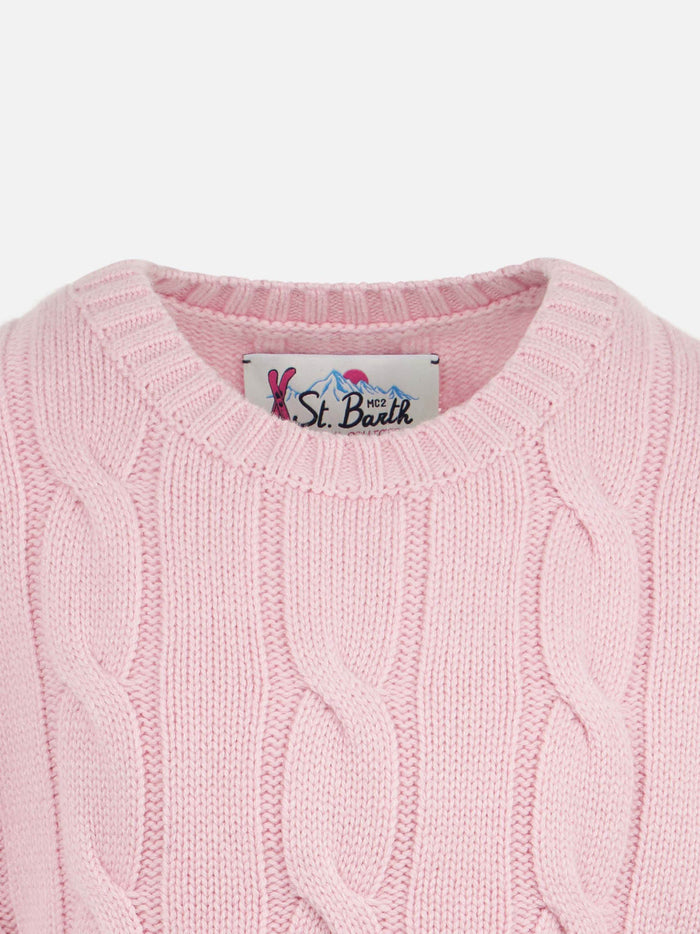 Girl Crewneck Braided Sweater With Saint Barth Lurex Print Pink