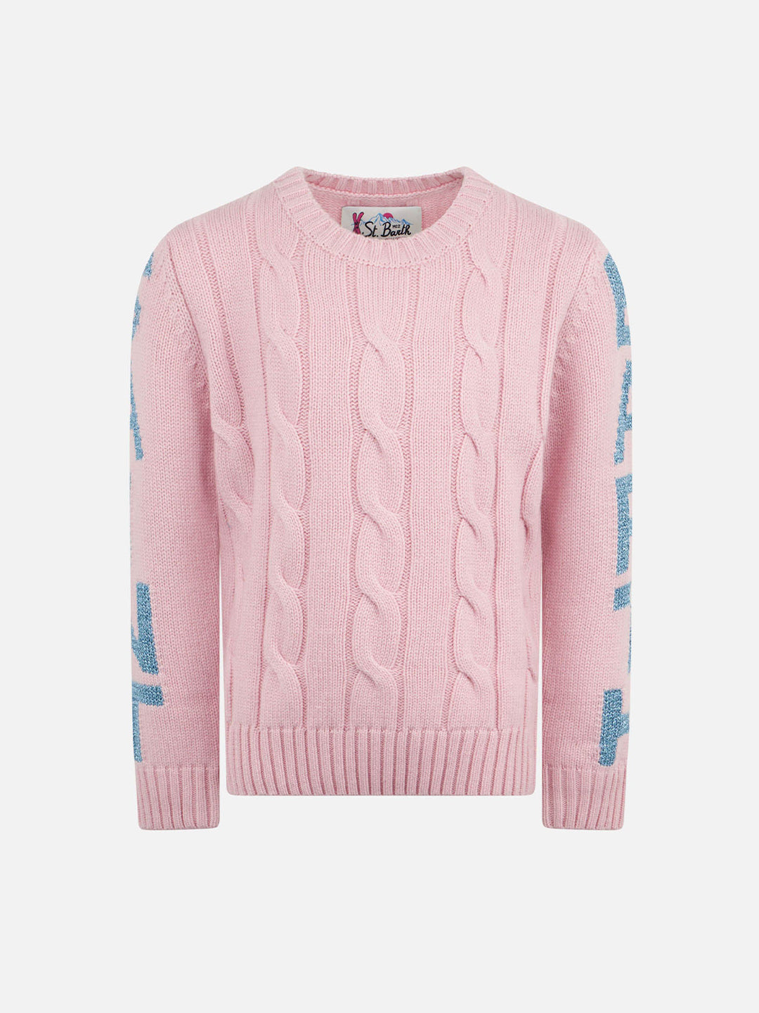 Girl Crewneck Braided Sweater With Saint Barth Lurex Print Pink