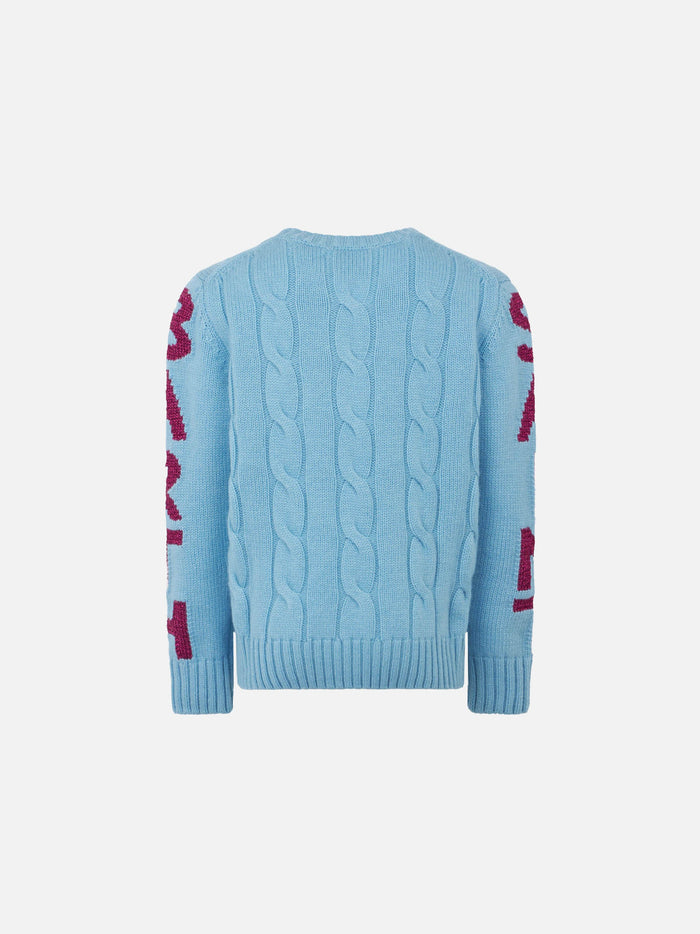 Girl Crewneck Braided Sweater With Saint Barth Lurex Print Sky
