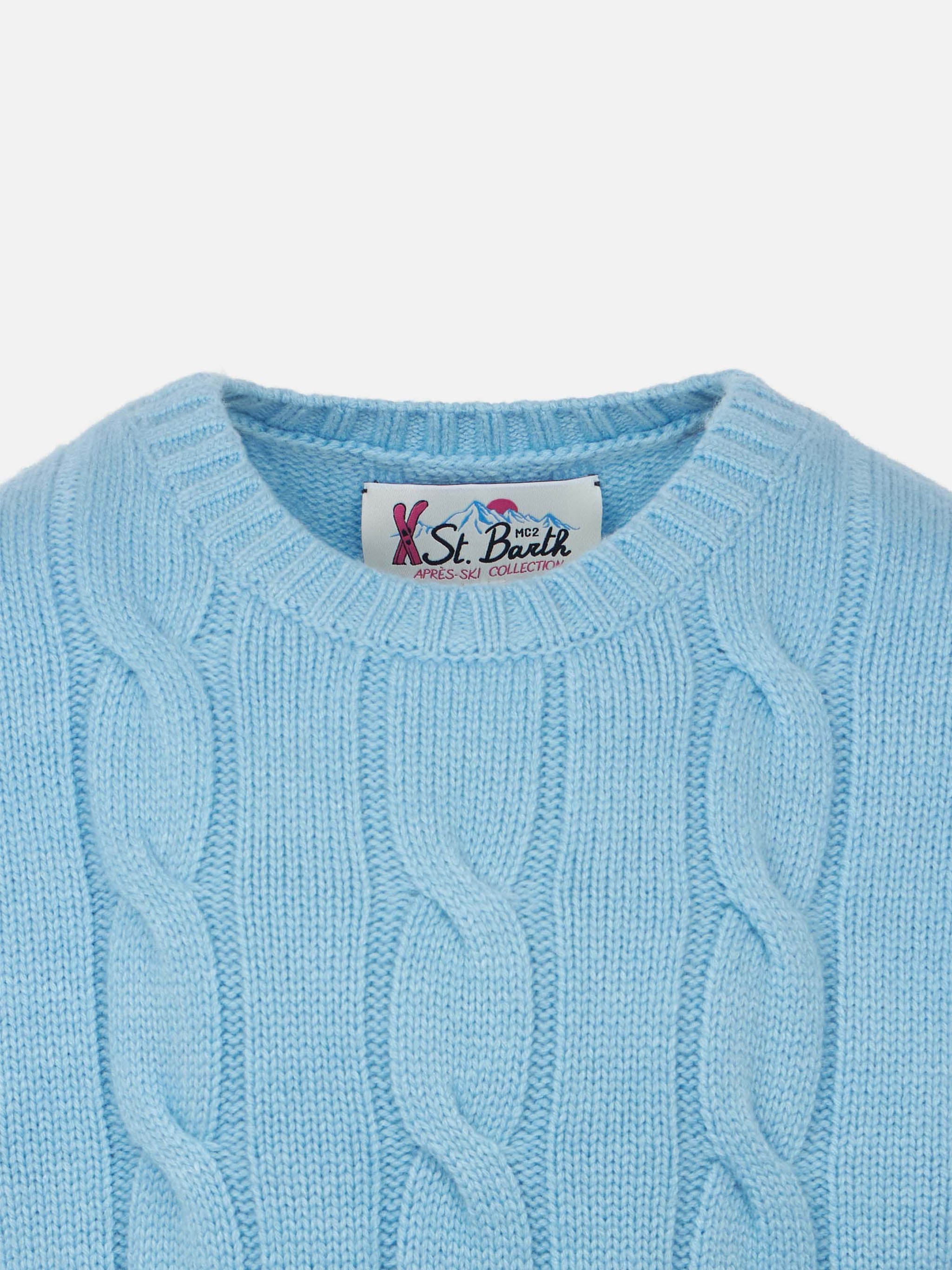 Girl Crewneck Braided Sweater With Saint Barth Lurex Print Sky
