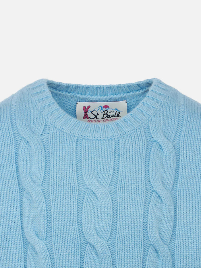 Girl Crewneck Braided Sweater With Saint Barth Lurex Print Sky