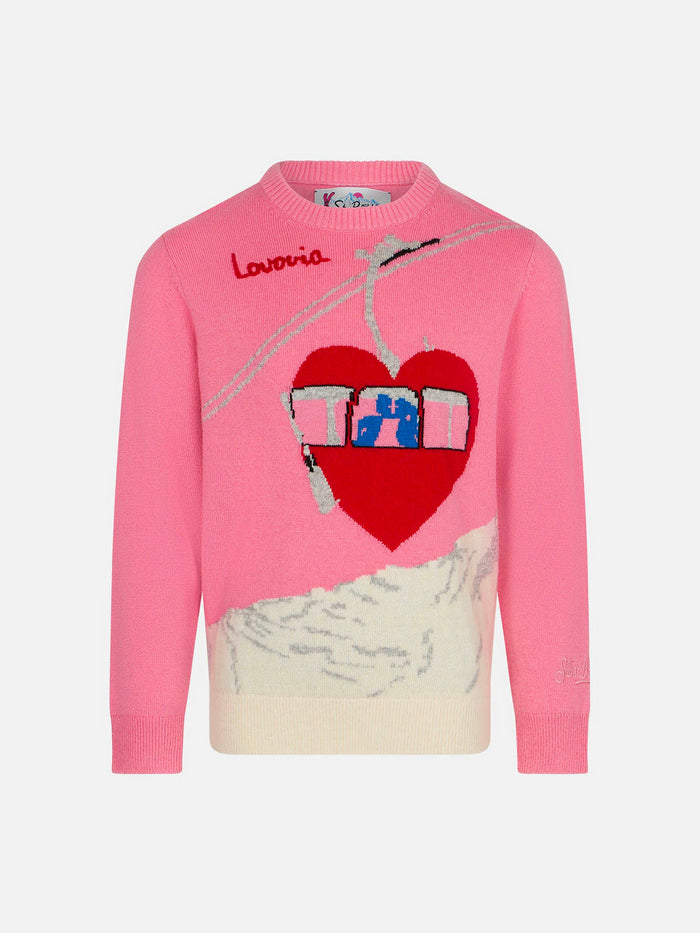 Girl Crewneck Sweater With Love Jacquard Pink