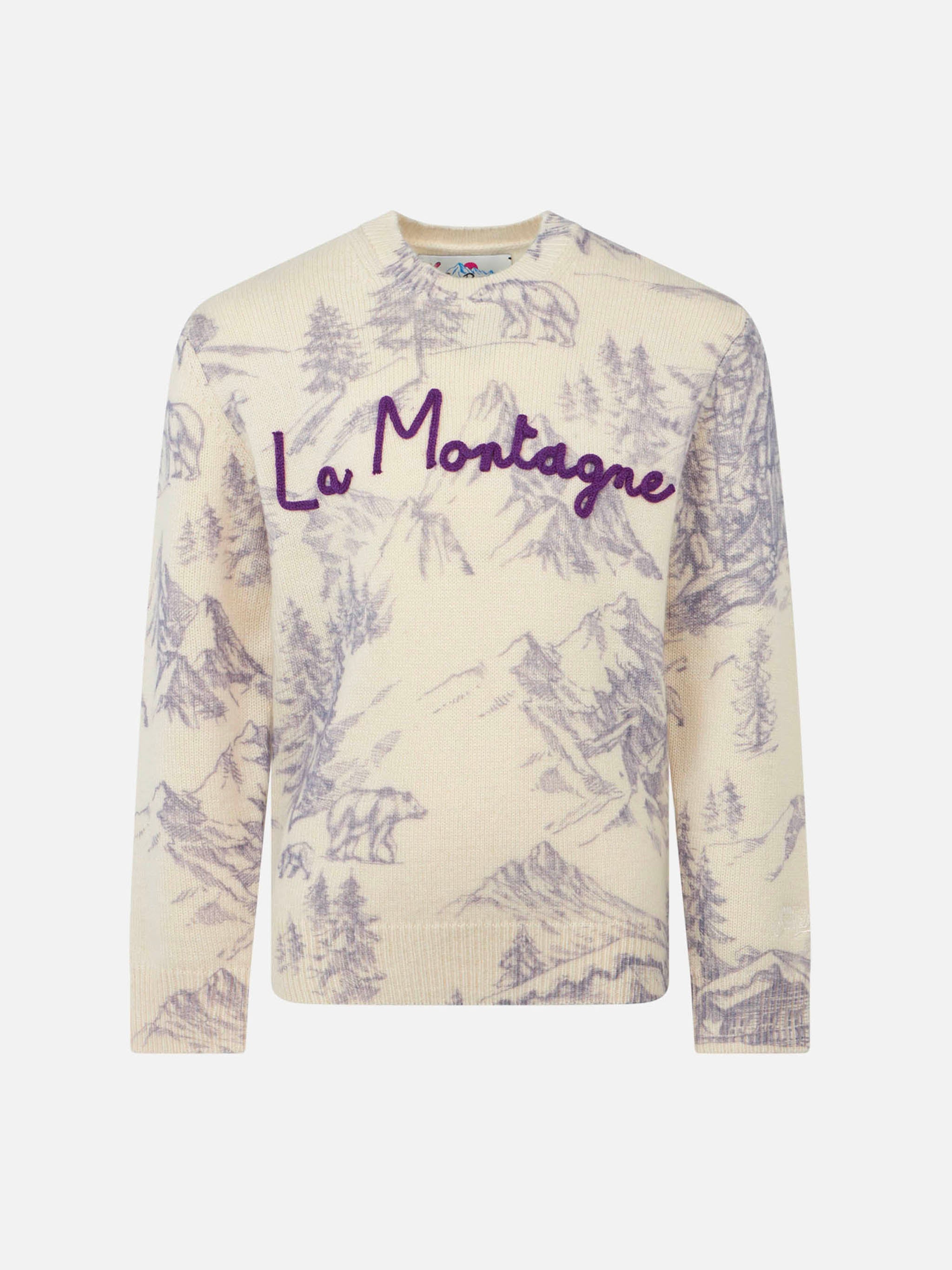Girl Crewneck Toile De Jouy Sweater With La Montagne Embroidery White
