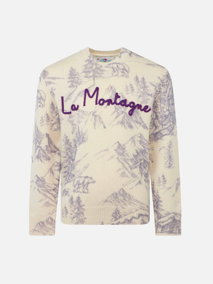 Girl Crewneck Toile De Jouy Sweater With La Montagne Embroidery White
