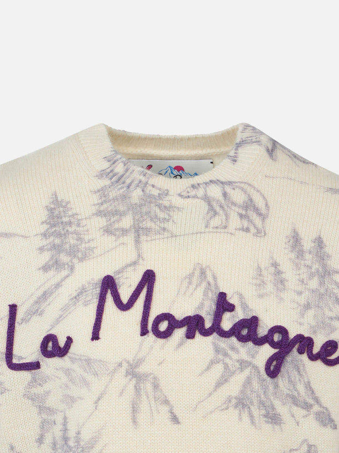 Girl Crewneck Toile De Jouy Sweater With La Montagne Embroidery White