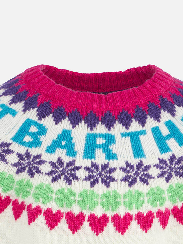 Girl Crewneck White Sweater With Fair Isle Jacquard