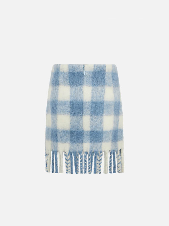 Girl Fringed Wooly Skirt With Check Print Sky