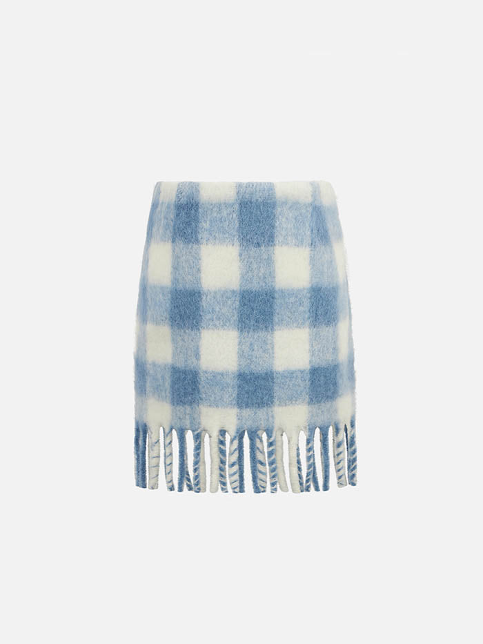 Girl Fringed Wooly Skirt With Check Print Sky