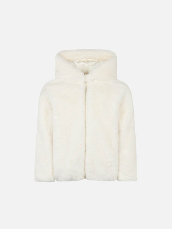 Girl Furry White Jacket With I Love St. Barth Embroidery Coat