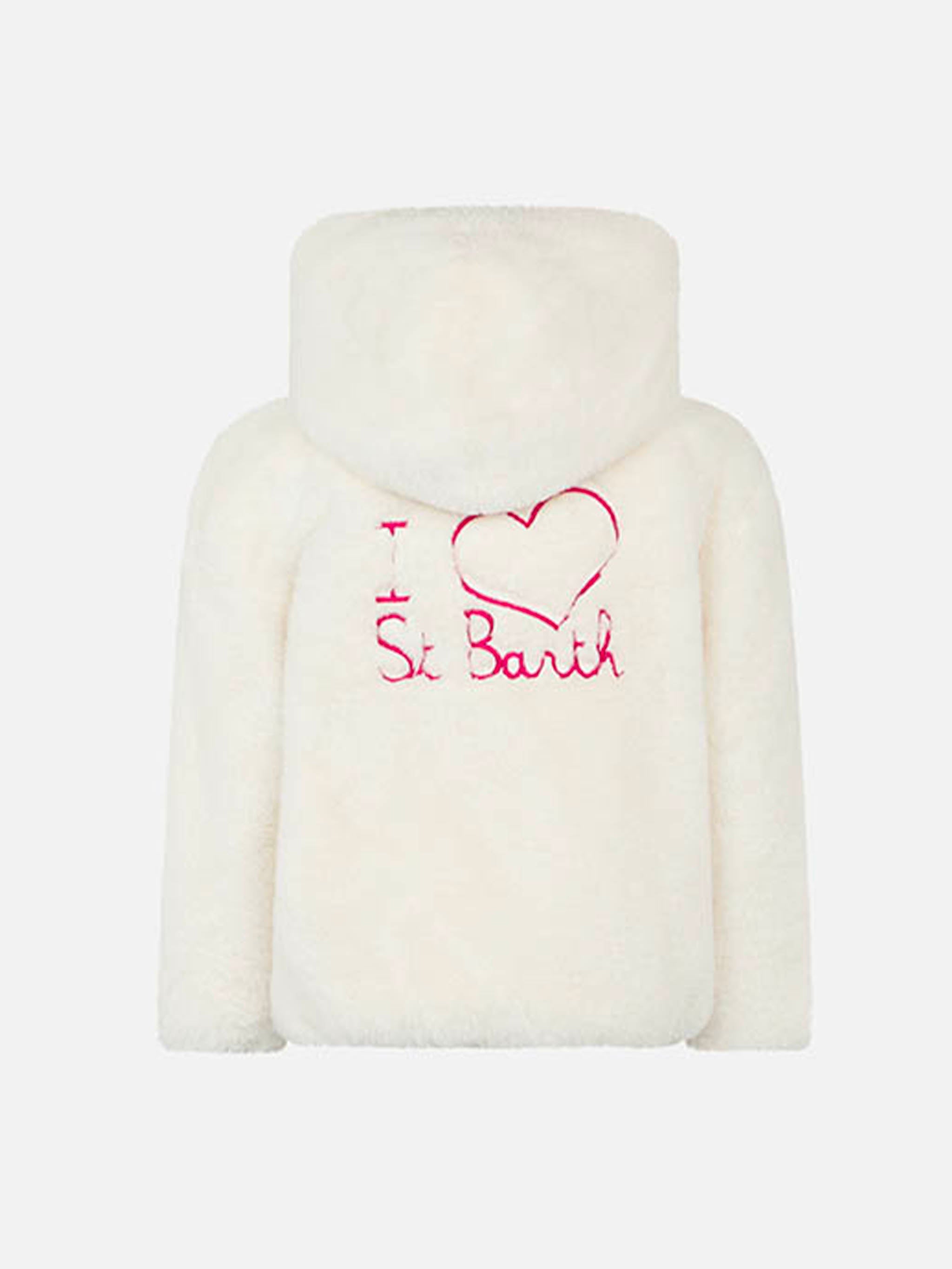 Girl Furry White Jacket With I Love St. Barth Embroidery Coat