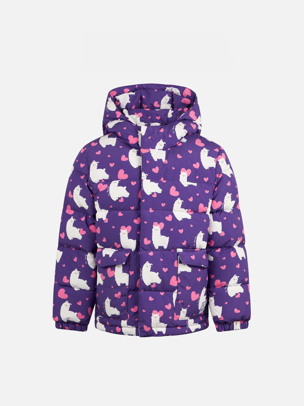 Girl Hooded Down Padded Jacket With Alpaca And Hearts Print Pink