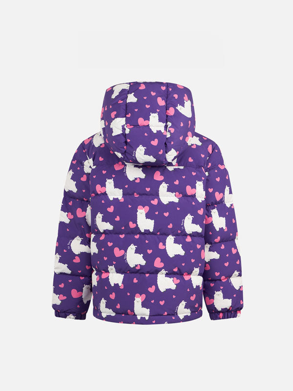Girl Hooded Down Padded Jacket With Alpaca And Hearts Print Pink