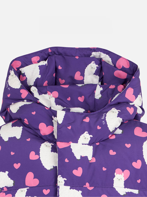 Girl Hooded Down Padded Jacket With Alpaca And Hearts Print Pink