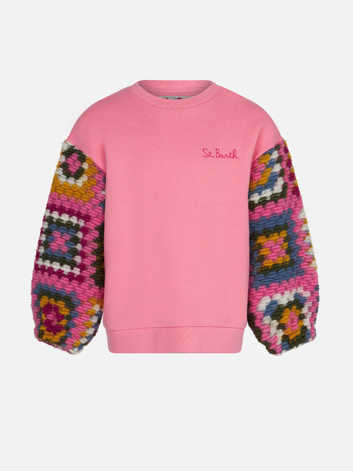 Girl Pink Sweater With Crochet Sleeves Sweatshirt