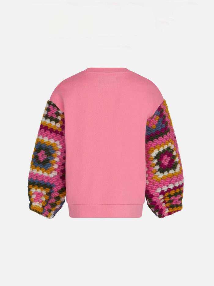 Girl Pink Sweater With Crochet Sleeves Sweatshirt