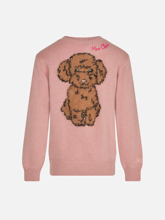 Girl Crewneck Sweater With Dog Print Pink