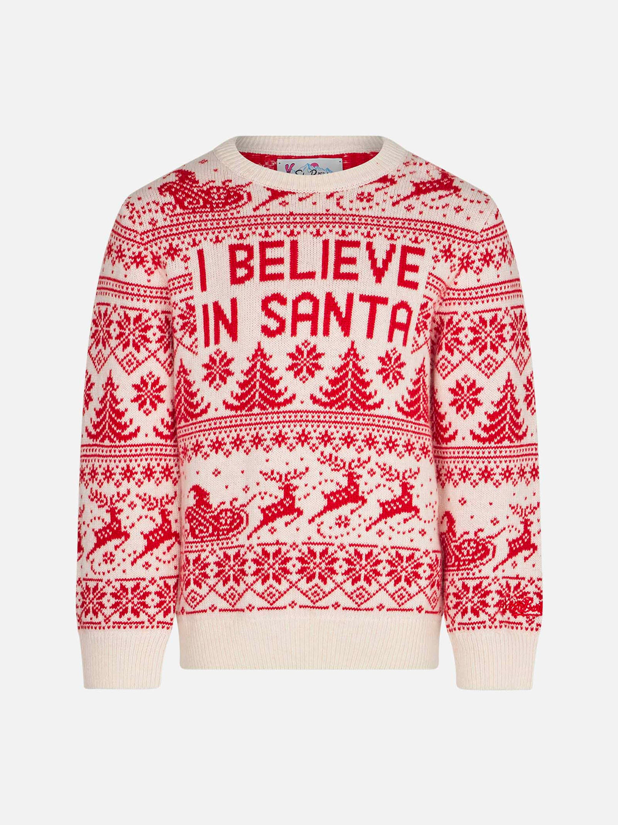 Girl Sweater With I Believe Santa Jacquard White