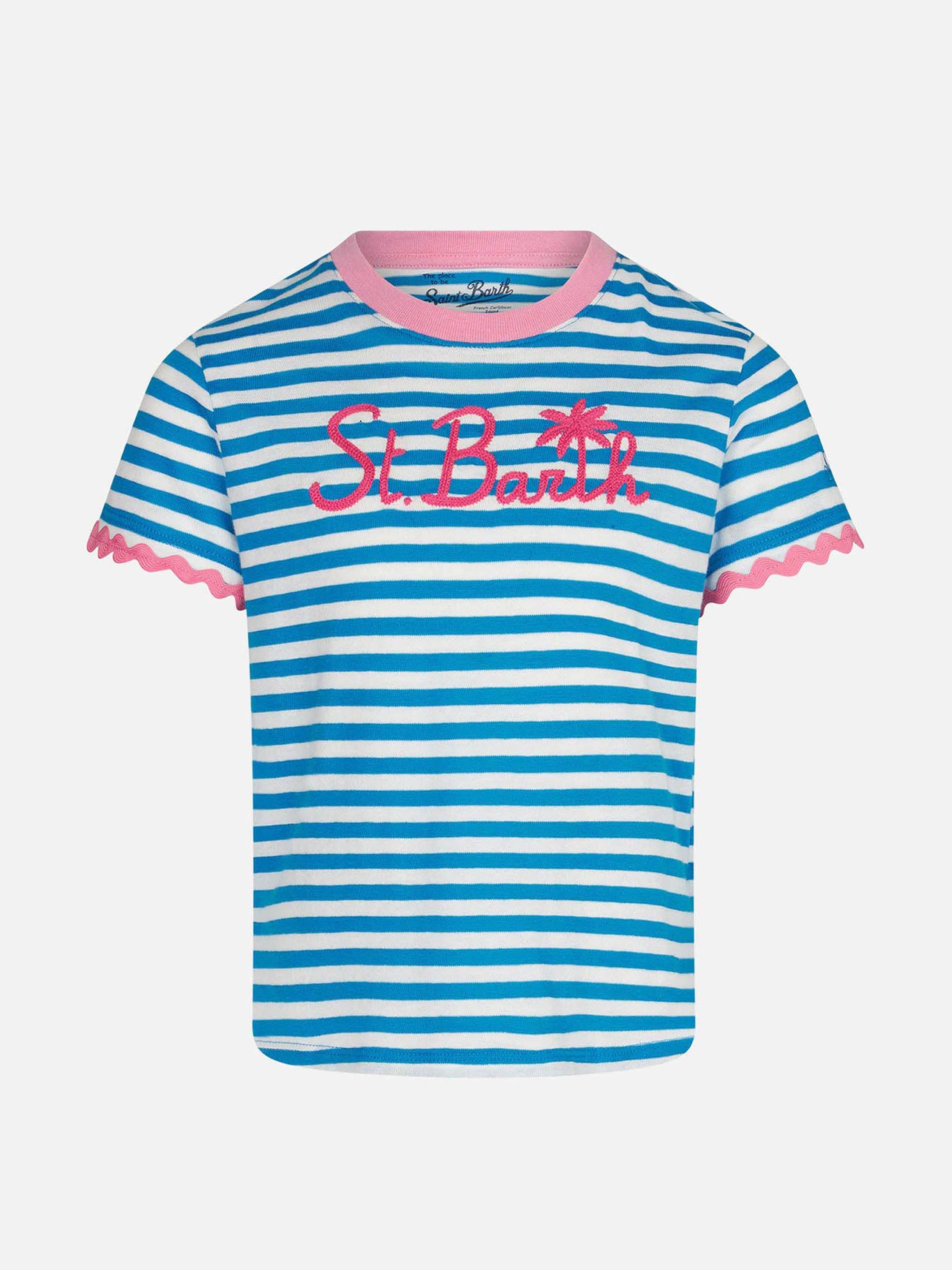 Girl T-Shirt With Stripes And Embroidery Blue
