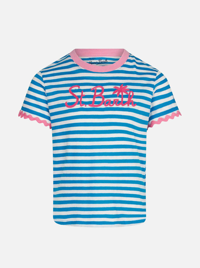 Girl T-Shirt With Stripes And Embroidery Blue