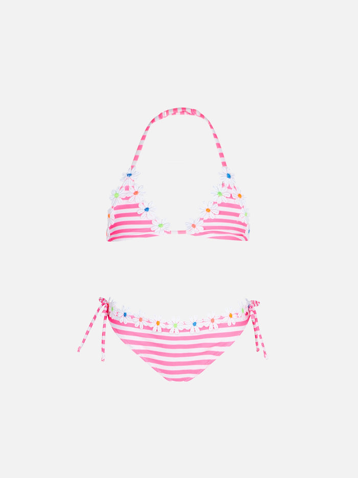 Girl Triangle Bikini With Fluo Pink Striped