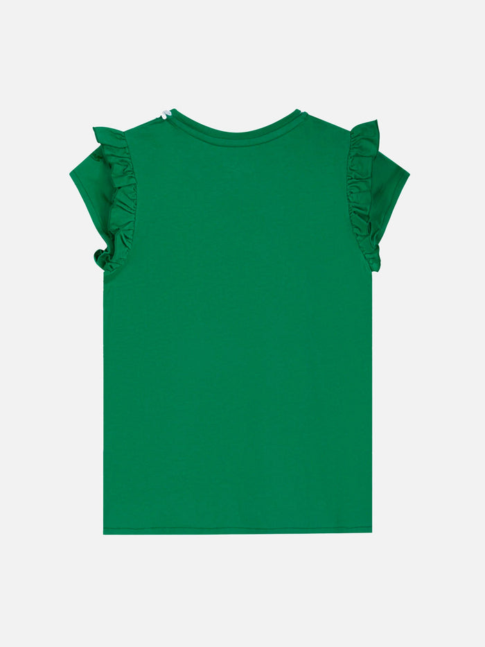 Girl Cotton T-Shirt With Flounce And Embroidery Green