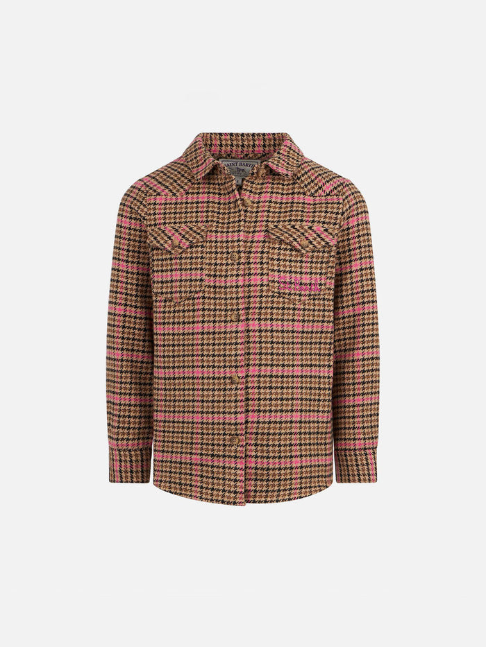 Girl Overshirt With Pied De Poule Print Brown Shirt