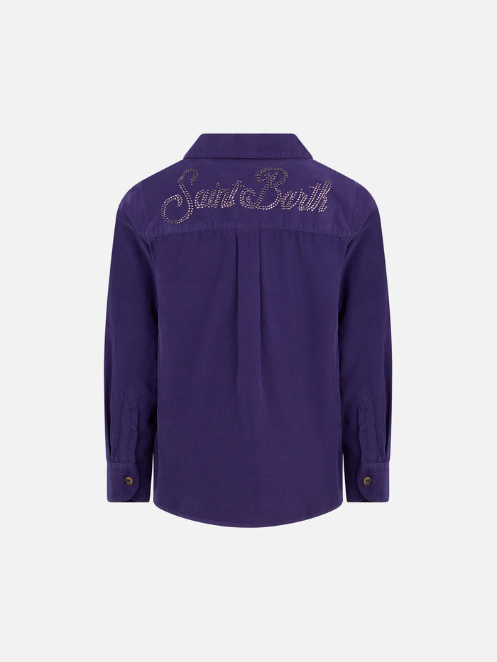 Girl Velvet Overshirt With Saint Barth Rhinestones Print Pink Shirt