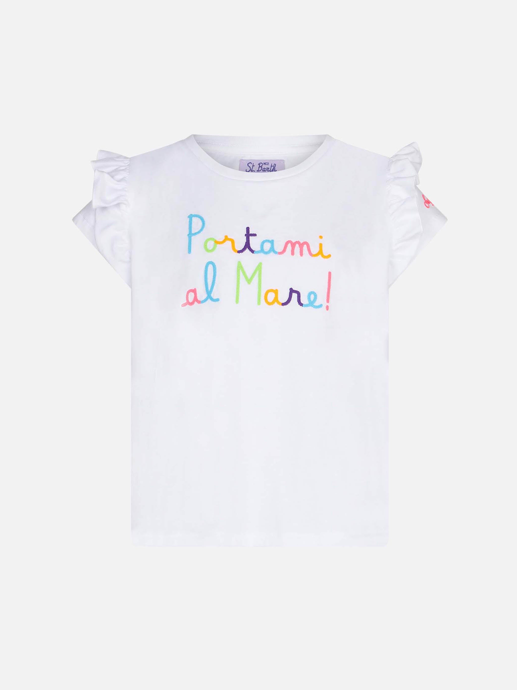 Girl Ruffled T-Shirt With Flounce And Portami Al Mare Embroidery White