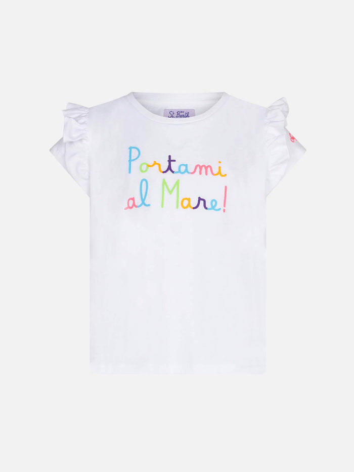 Girl Ruffled T-Shirt With Flounce And Portami Al Mare Embroidery White