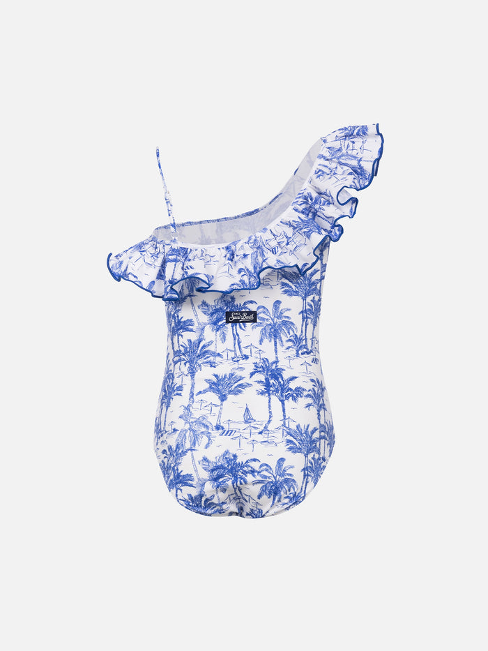 Girl Ruffled One Piece Carin Swimsuit With Toile De Jouy Print White