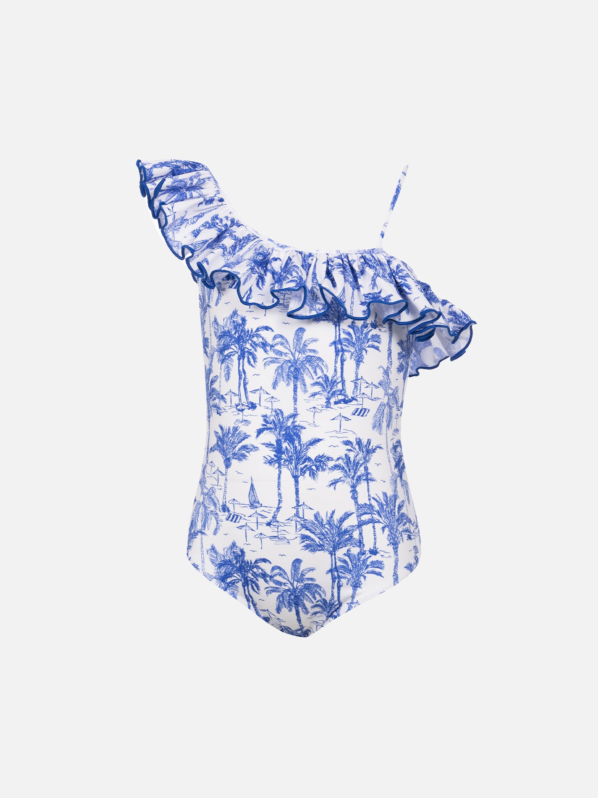 Girl Ruffled One Piece Carin Swimsuit With Toile De Jouy Print White